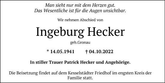 Todesanzeige von Ingeburg Hecker von OF