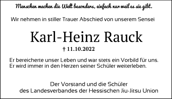 Todesanzeige von Karl-Heinz Rauck von OF
