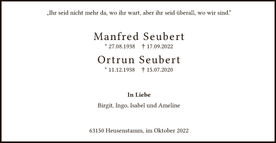 Todesanzeige von Manfred und Ortrun Seubert von OF