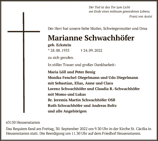 Todesanzeige von Marianne Schwachhöfer von OF
