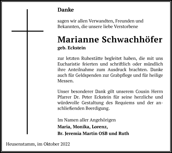 Todesanzeige von Marianne Schwachhöfer von OF