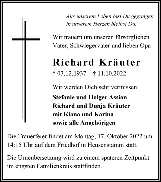 Todesanzeige von Richard Kräuter von OF