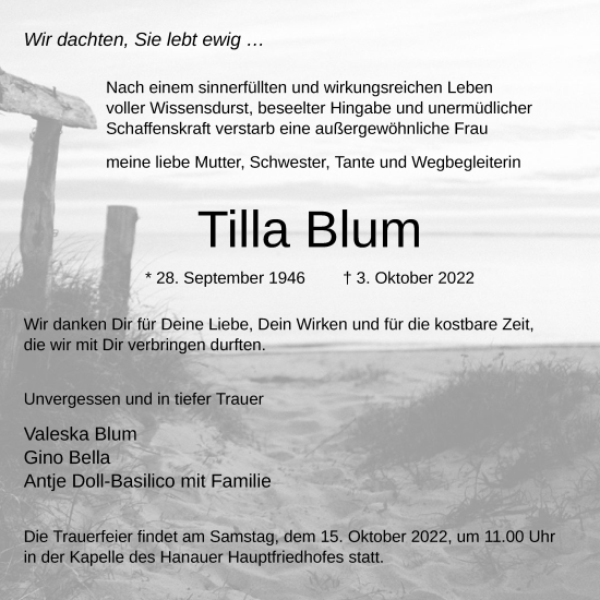 Todesanzeige von Tilla Blum von OF