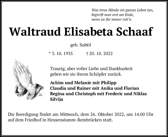 Todesanzeige von Waltraud Elisabeta Schaaf von OF