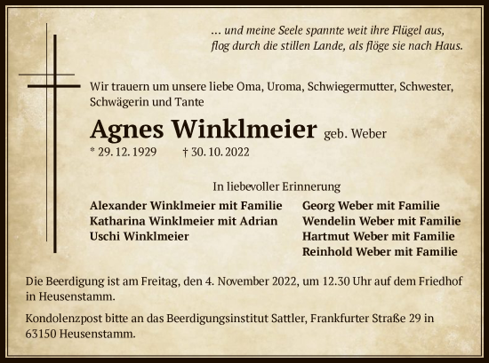 Todesanzeige von Agnes Winklmeier von OF