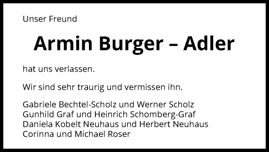 Todesanzeige von Armin Burger-Adler von OF