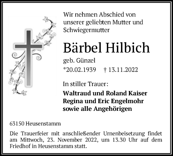 Todesanzeige von Bärbel Hilbich von OF