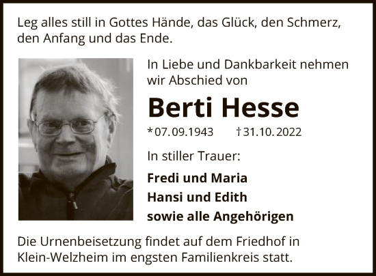 Todesanzeige von Berti Hesse von OF