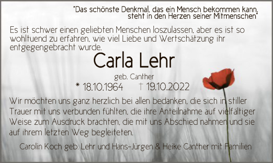 Todesanzeige von Carla Lehr von OF