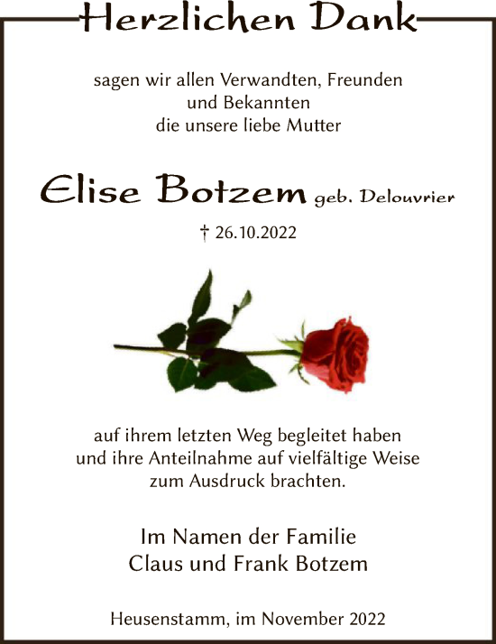 Todesanzeige von Elise Botzem von OF