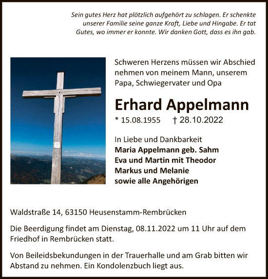 Todesanzeige von Erhard Appelmann von OF