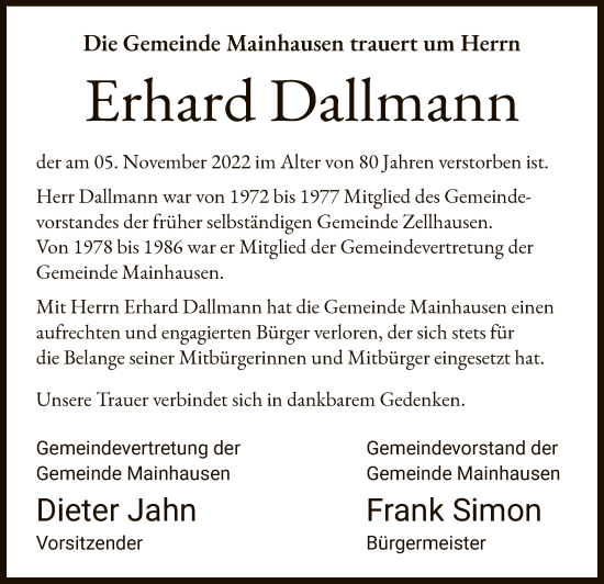 Todesanzeige von Erhard Dallmann von OF
