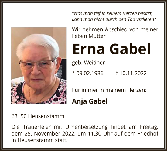 Todesanzeige von Erna Gabel von OF