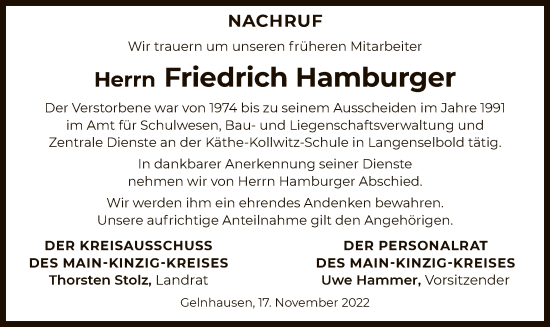 Todesanzeige von Friedrich Hamburger von OF