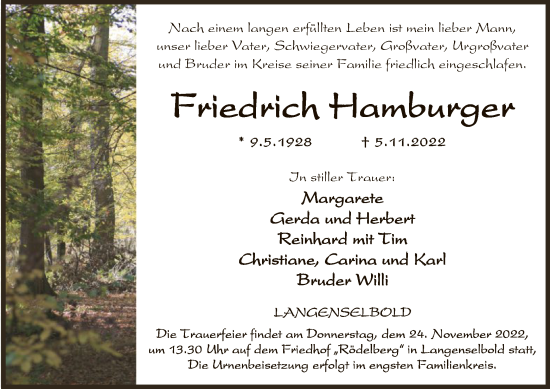 Todesanzeige von Friedrich Hamburger von OF
