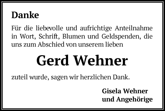 Todesanzeige von Gerd Wehner von OF
