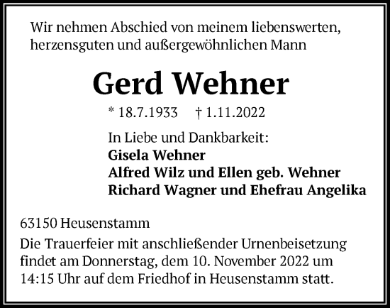 Todesanzeige von Gerd Wehner von OF