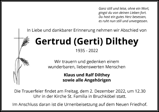Todesanzeige von Gertrud Dilthey von OF