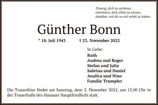 Todesanzeige von Günther Bonn von OF