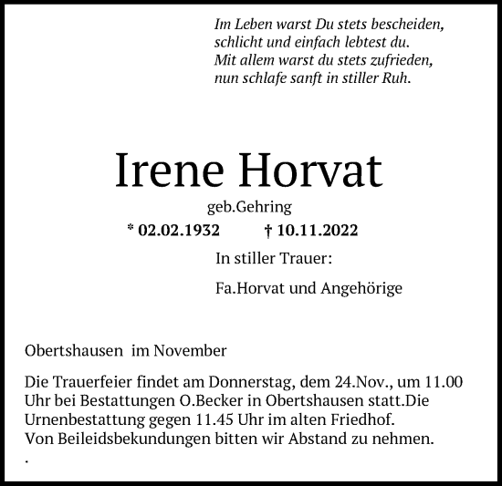 Todesanzeige von Irene Horvat von OF