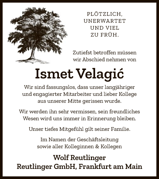 Todesanzeige von Ismet Velagic von OF