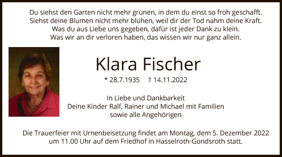 Todesanzeige von Klara Fischer von OF