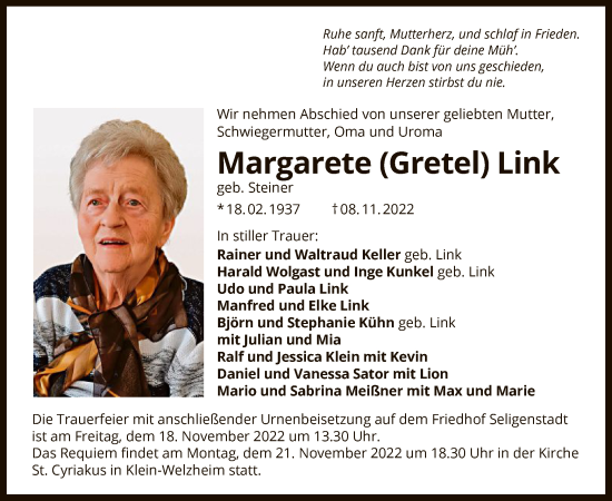 Todesanzeige von Margarete Link von OF