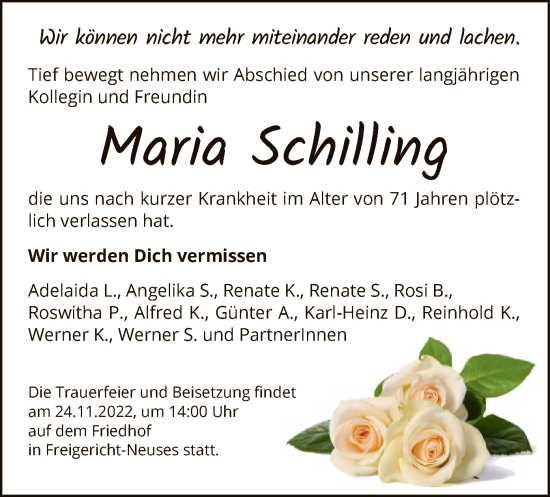 Todesanzeige von Maria Schilling von OF