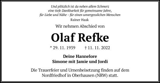 Todesanzeige von Olaf Refke von OF