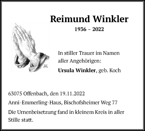 Todesanzeige von Reimund Winkler von OF