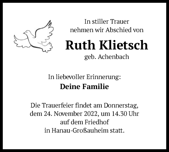 Todesanzeige von Ruth Klietsch von OF