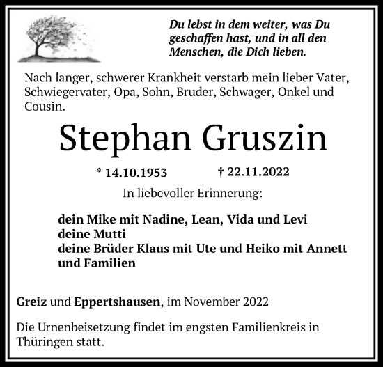 Todesanzeige von Stephan Gruszin von OF