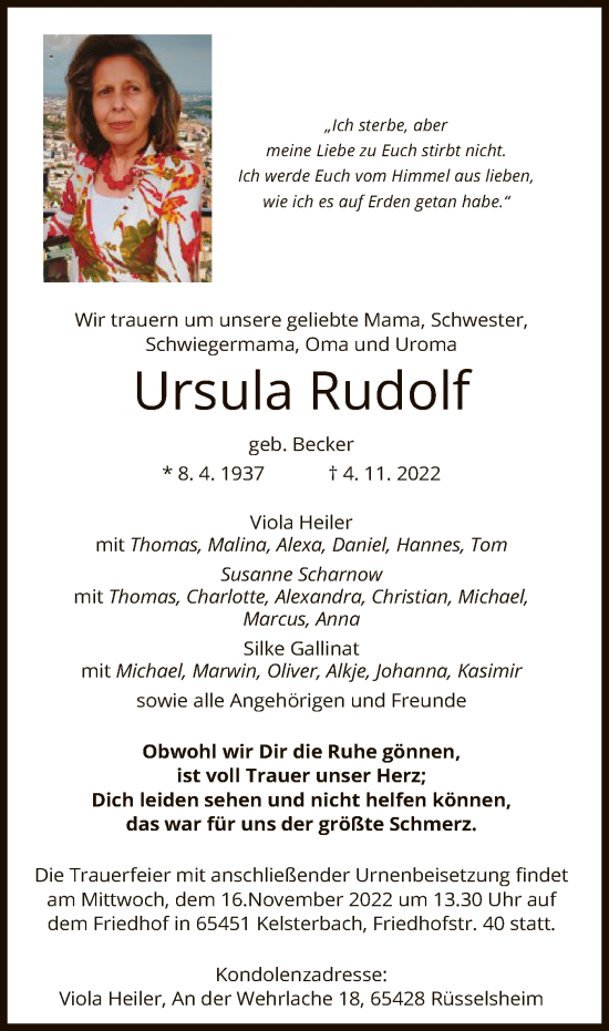 Todesanzeige von Ursula Rudolf von OF