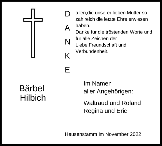 Todesanzeige von Bärbel Hilbich von OF