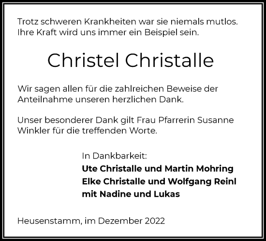Todesanzeige von Christel Christalle von OF