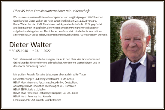 Todesanzeige von Dieter Walter von OF