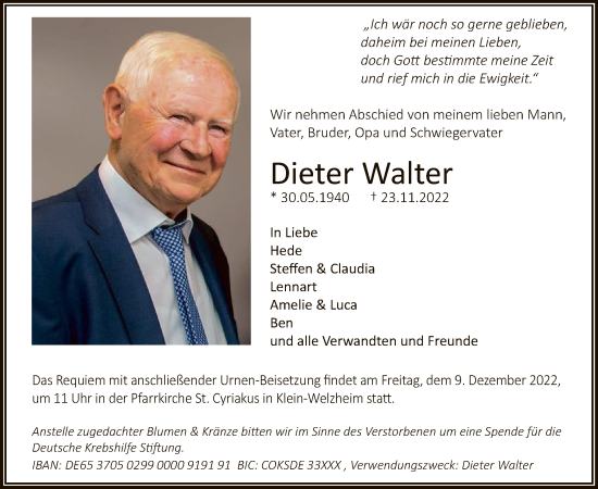 Todesanzeige von Dieter Walter von OF