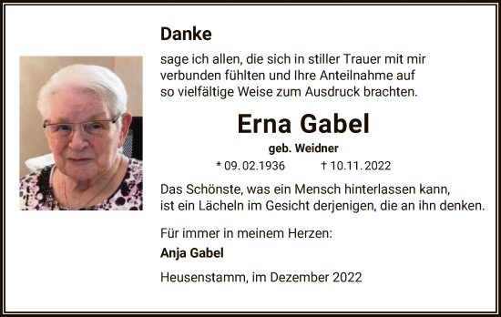 Todesanzeige von Erna Gabel von OF