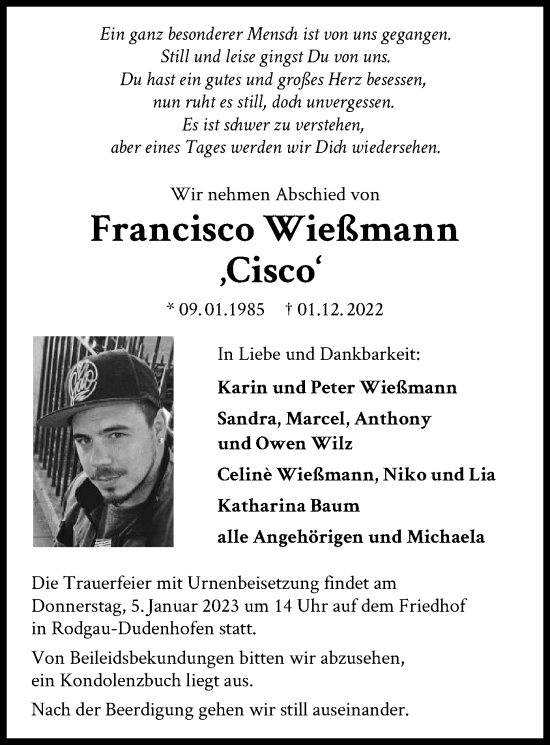 Todesanzeige von Francisco Wießmann von OF