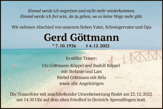 Todesanzeige von Gerd Göttmann von OF