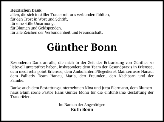 Todesanzeige von Günther Bonn von OF