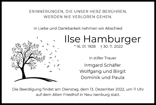 Todesanzeige von Ilse Hamburger von OF