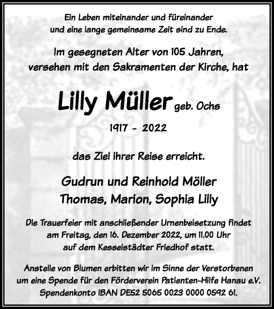 Todesanzeige von Lilly Müller von OF