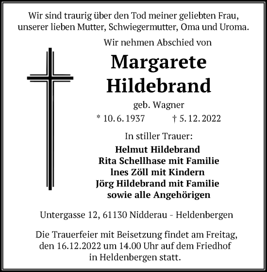Todesanzeige von Margarete Hildebrand von OF