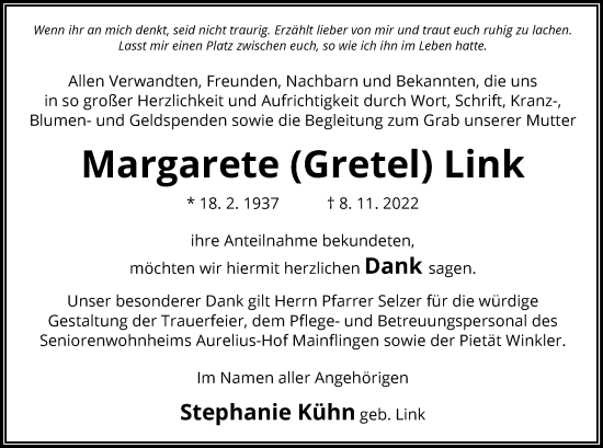 Todesanzeige von Margarete Link von OF