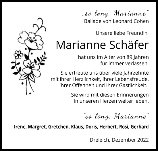 Todesanzeige von Marianne Schäfer von OF