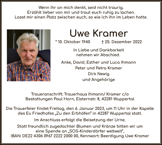 Todesanzeige von Uwe Kramer von OF