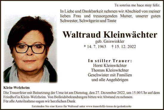 Todesanzeige von Waltraud Kleinwächter von OF