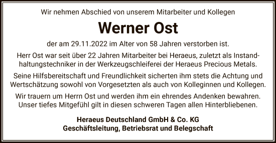 Todesanzeige von Werner Ost von OF