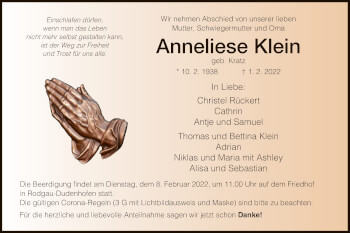 Todesanzeige von Anneliese Klein von OF